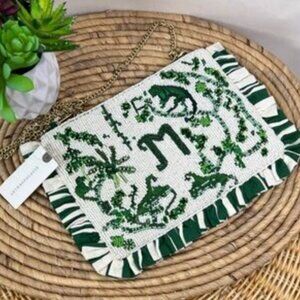 Anthropologie Beaded Jungle Animal Clutch Green White Ruffle Statement Bag